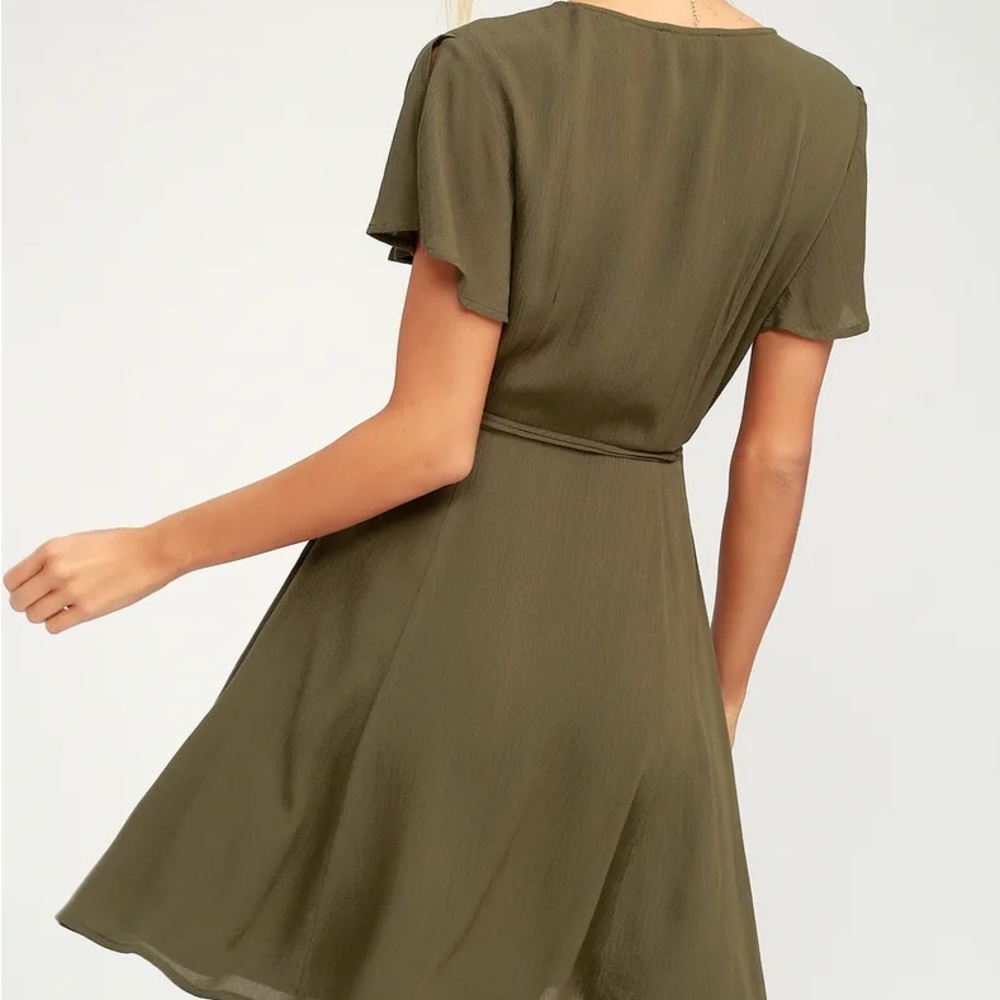 Lulu's Olive Green V-Neck Wrap Short Dress - Picture 4 of 8